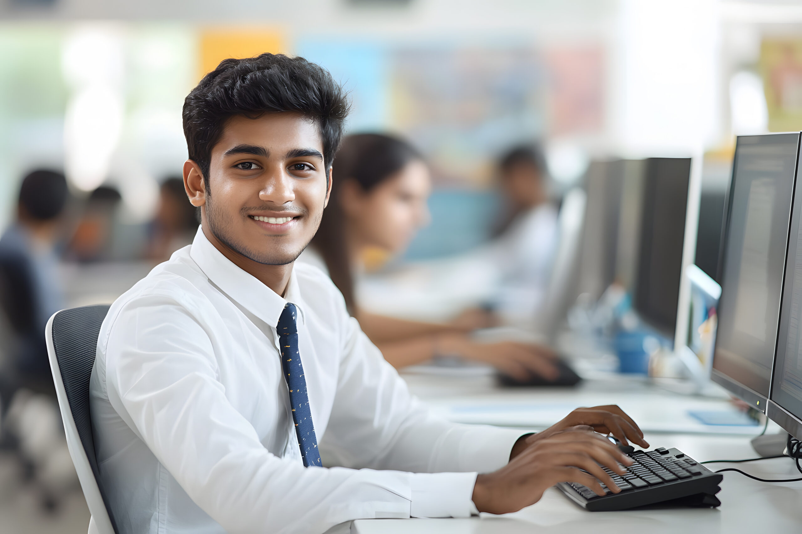 man-is-smiling-while-using-computer-with-computer-monitor-him