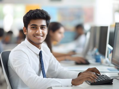 man-is-smiling-while-using-computer-with-computer-monitor-him